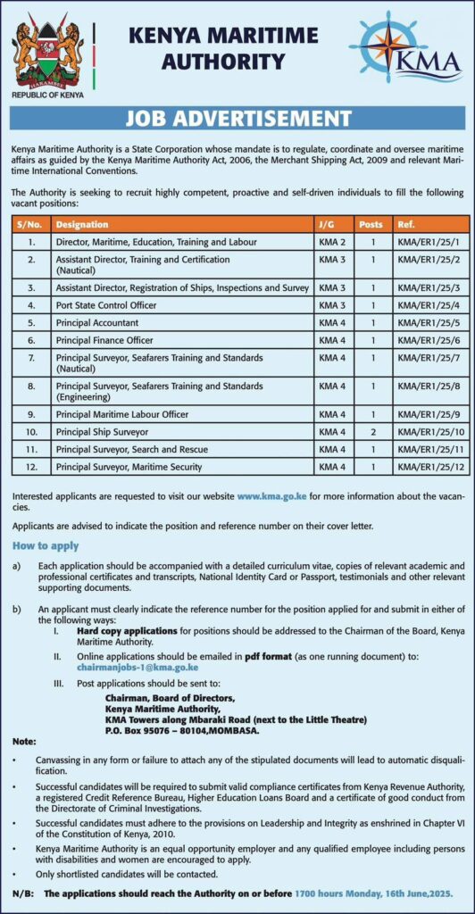 Kenya Maritime Authority Announces Nationwide Recruitment Drive for 45 Vacancies Across Multiple Departments