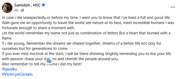 Samidoh Sparks Fears with Cryptic Post About His Death