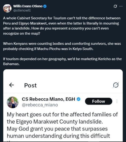 Tourism CS Rebecca Miano Roasted After ‘Peru’ Blunder in Elgeyo Marakwet Landslide