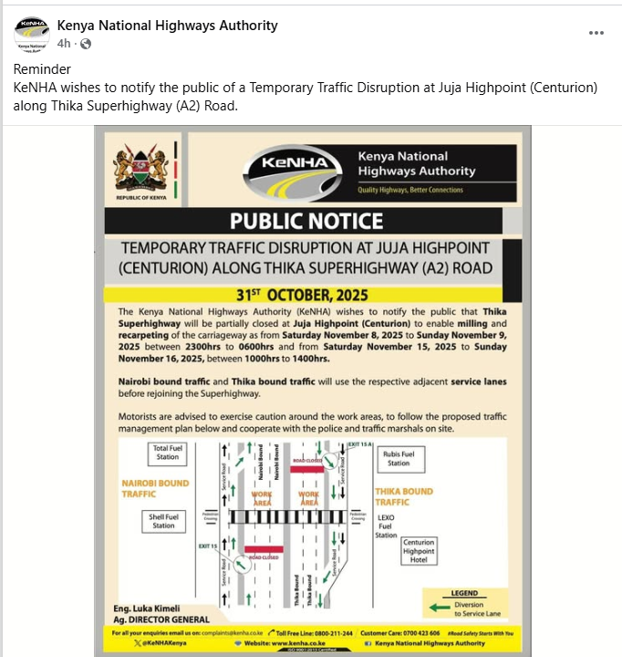 KeNHA Issues Public Notice on Thika Superhighway Closure This Weekend